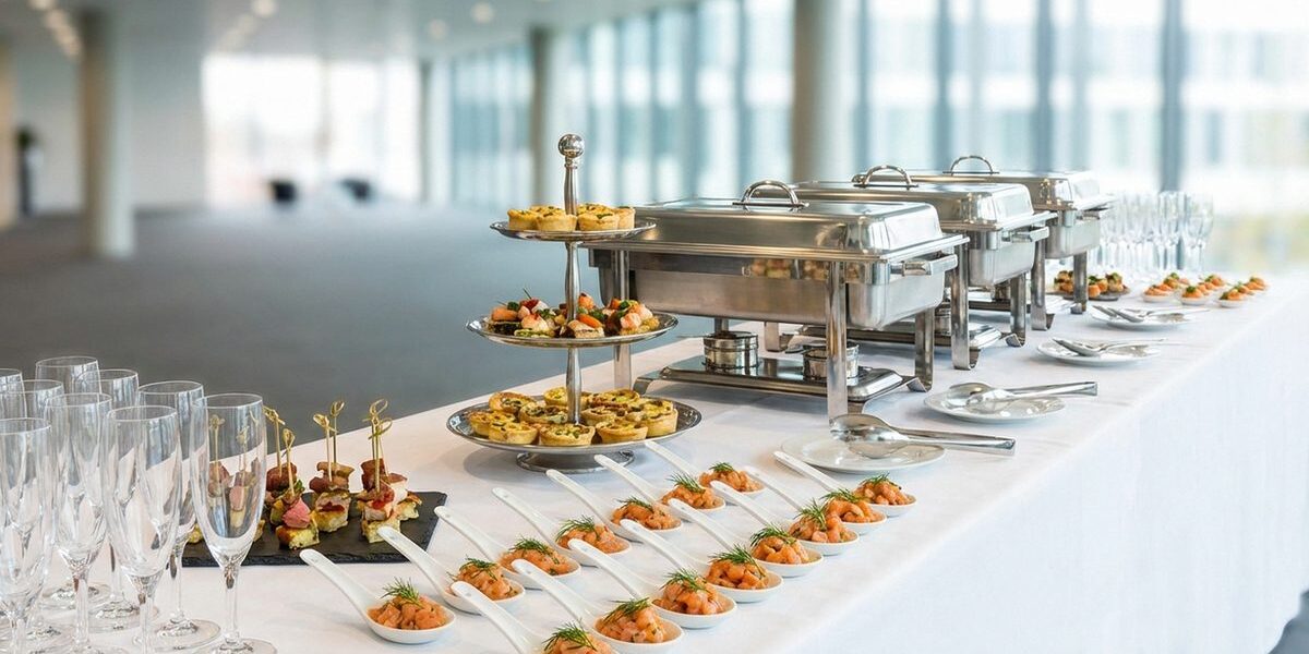 Catering-Buffet mit Fingerfood auf Etageren, Lachs-Häppchen auf Löffeln und Chafing Dishes