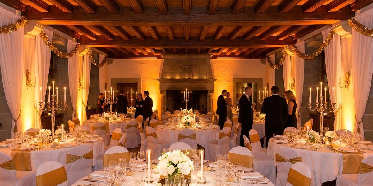 Festlich dekorierter Bankettsaal mit weissen Tischdecken, Kerzenlicht und Blumenarrangements unter Holzbalkendecke