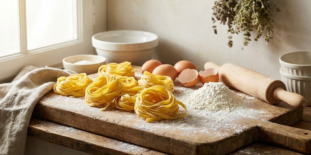 Frische hausgemachte Tagliatelle-Nester auf bemehltem Holzbrett mit Eiern und Nudelholz
