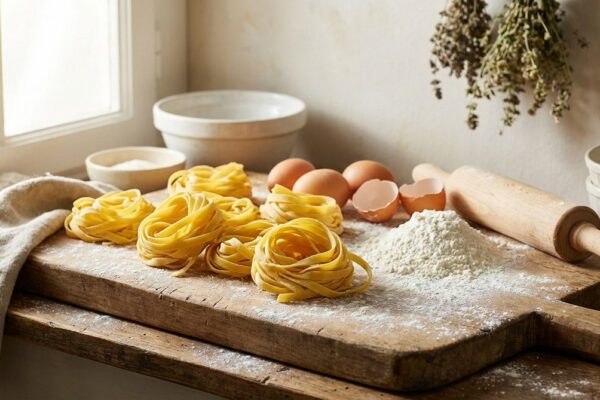 Frische hausgemachte Tagliatelle-Nester auf bemehltem Holzbrett mit Eiern und Nudelholz