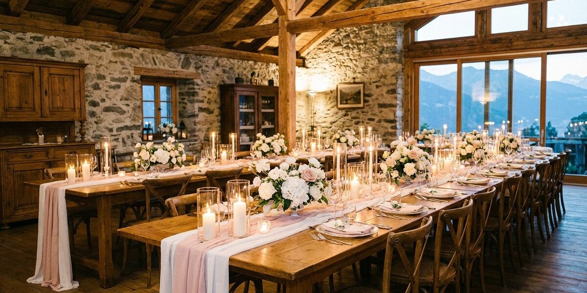 Romantisch dekorierte Hochzeitstafel mit Blumengestecken und Kerzen in einer Scheune mit Steinwänden und Bergblick