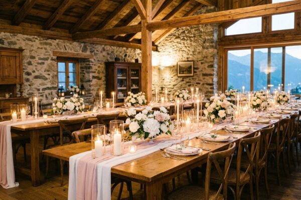 Romantisch dekorierte Hochzeitstafel mit Blumengestecken und Kerzen in einer Scheune mit Steinwänden und Bergblick