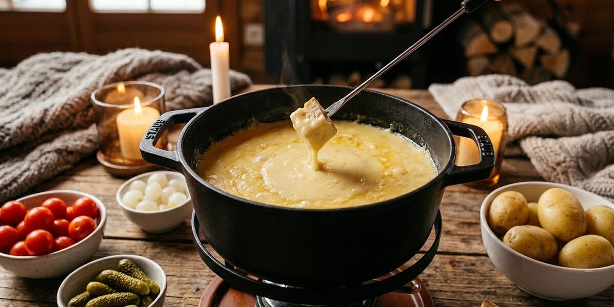 Schweizer Käsefondue im schwarzen Caquelon mit Brotstück auf Fonduegabel, umgeben von Beilagen und Kerzen