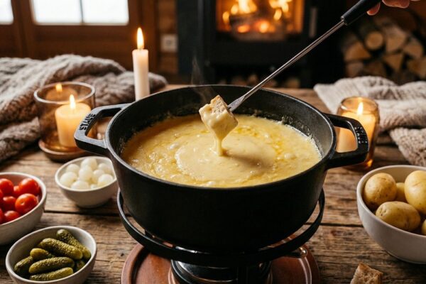 Schweizer Käsefondue im schwarzen Caquelon mit Brotstück auf Fonduegabel, umgeben von Beilagen und Kerzen