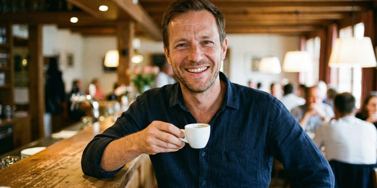 Marco Lehmann mit Espressotasse in einem Winterthurer Restaurant mit Holzbalken-Interieur