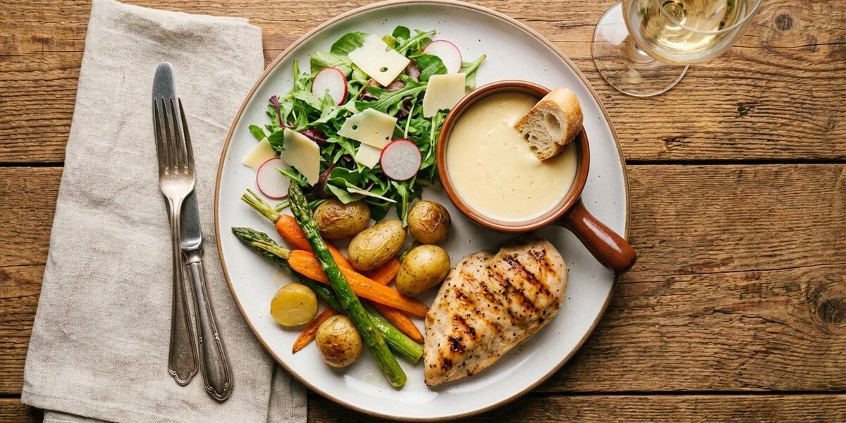 Mittagsteller mit grilliertem Poulet, Ofenkartoffeln, Spargeln und Rucola-Salat auf Holztisch