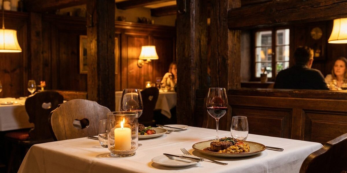 Gedeckter Tisch mit Kerzenlicht, Rotwein und Fleischgericht in einem Winterthurer Restaurant mit Holztäfelung