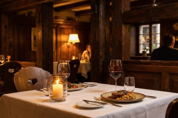 Gedeckter Tisch mit Kerzenlicht, Rotwein und Fleischgericht in einem Winterthurer Restaurant mit Holztäfelung