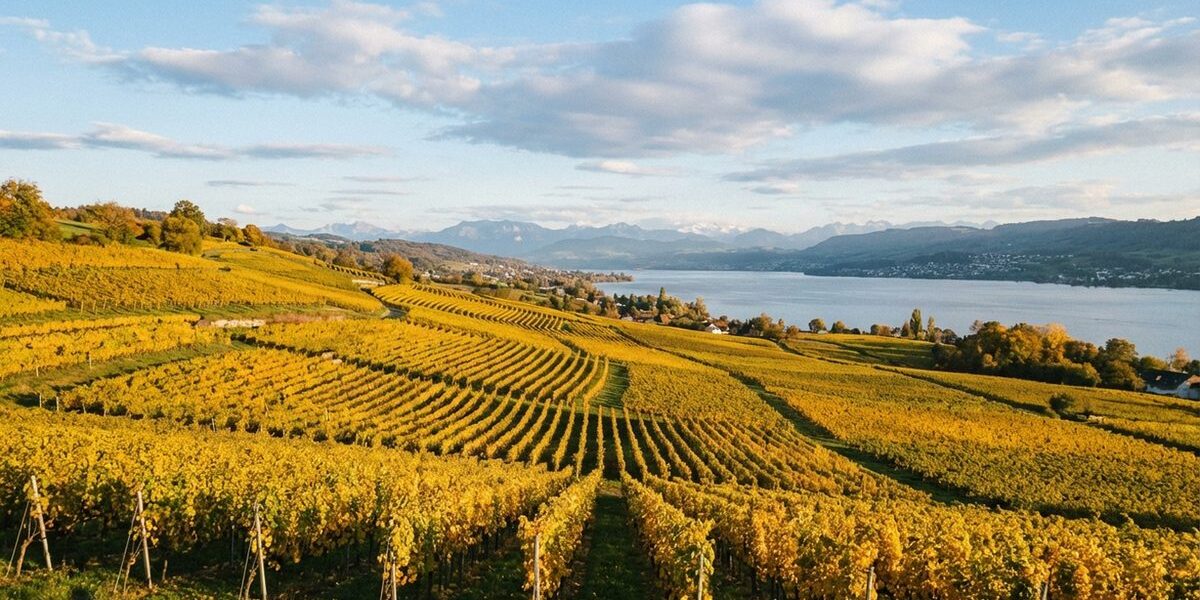 Herbstliche Weinberge mit goldgelbem Laub am Zürichsee mit Alpen-Panorama im Hintergrund