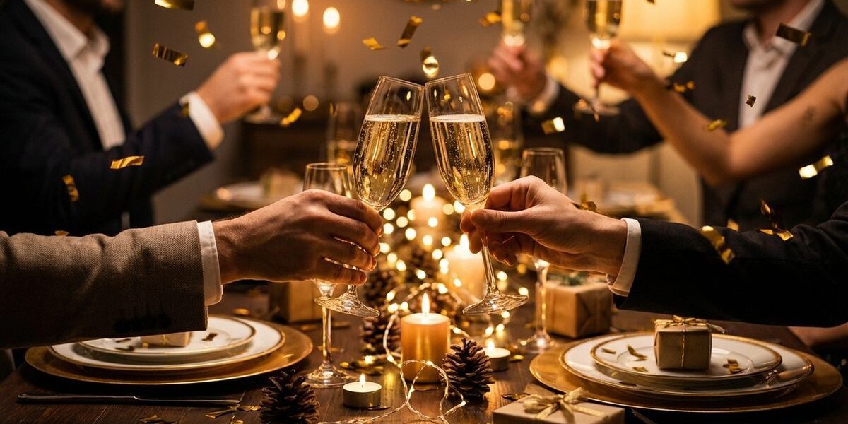 Silvester-Anstossen mit Champagnergläsern über festlich gedecktem Tisch mit goldener Dekoration und Konfetti