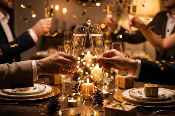 Silvester-Anstossen mit Champagnergläsern über festlich gedecktem Tisch mit goldener Dekoration und Konfetti