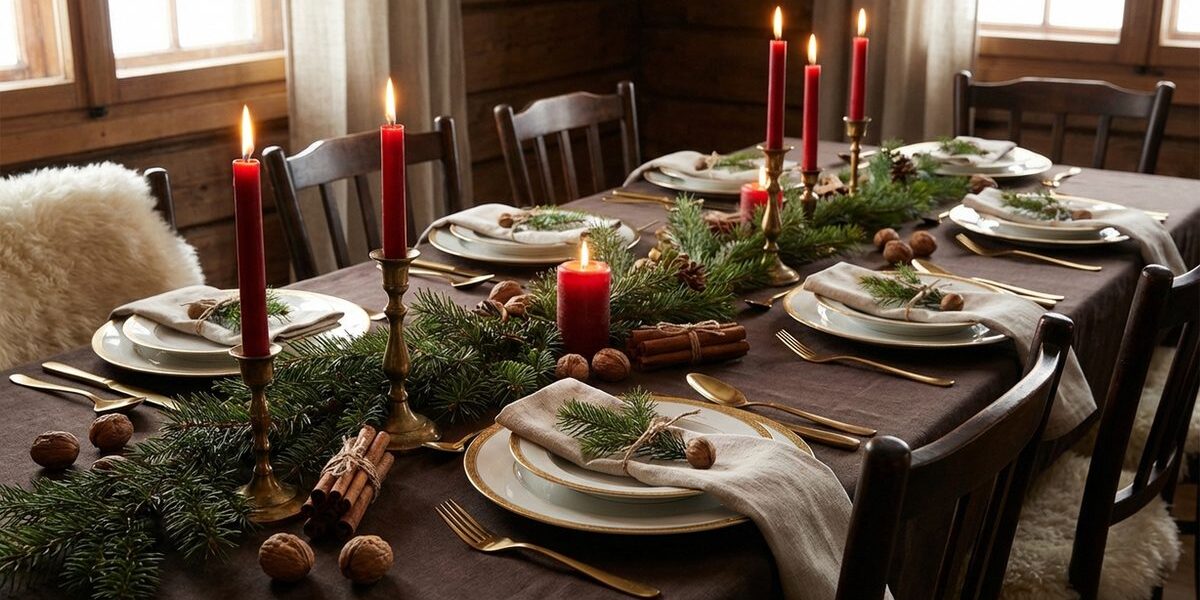 Weihnachtlich gedeckter Tisch mit roten Kerzen, Tannenzweigen, Zimtstangen und goldenem Besteck