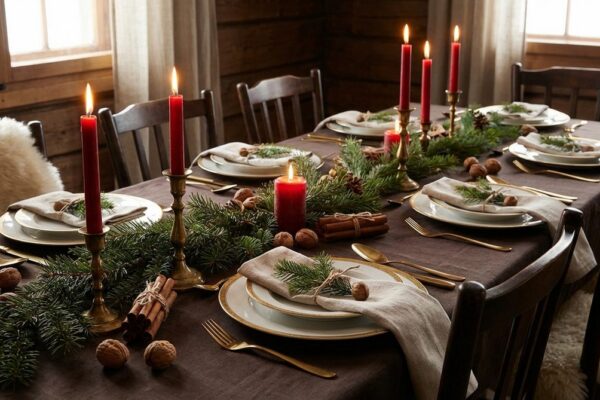 Weihnachtlich gedeckter Tisch mit roten Kerzen, Tannenzweigen, Zimtstangen und goldenem Besteck