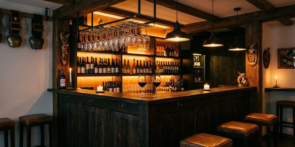 Gemütliche Weinbar mit beleuchteten Flaschenregalen, Holztresen und Lederhockern