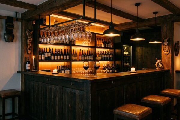 Gemütliche Weinbar mit beleuchteten Flaschenregalen, Holztresen und Lederhockern