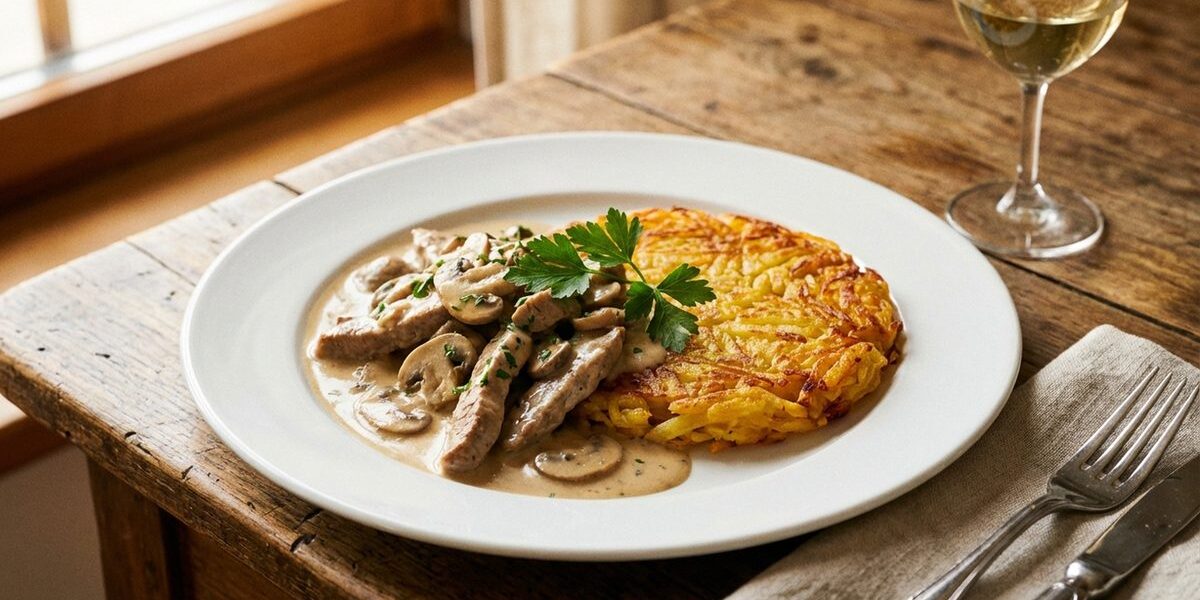 Zürcher Geschnetzeltes mit Champignon-Rahmsauce und knuspriger Rösti auf weissem Teller