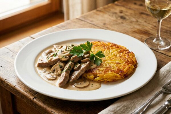 Zürcher Geschnetzeltes mit Champignon-Rahmsauce und knuspriger Rösti auf weissem Teller